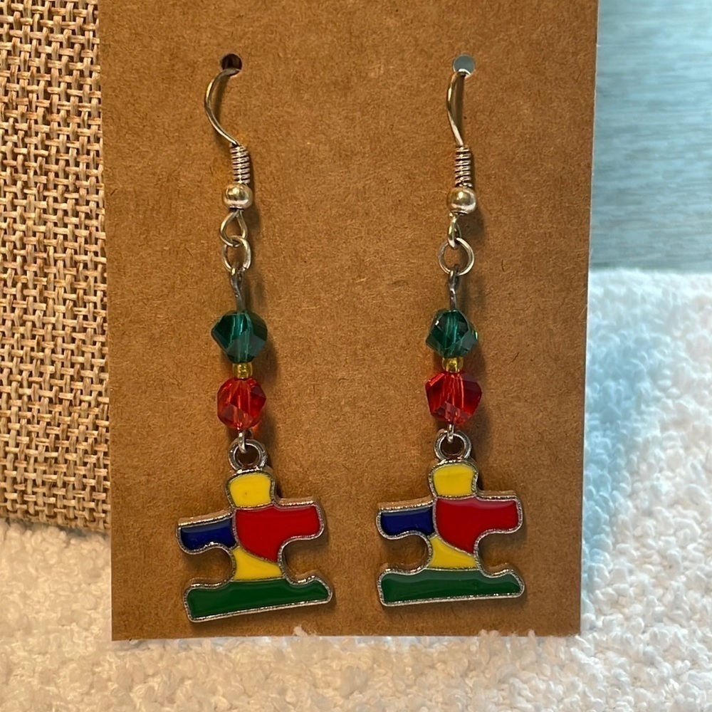 💐5/25 autism puzzle pieces multi primary colors dangle long earrings